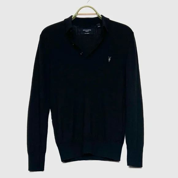 AllSaints Mode Merino Long Sleeve Polo Shirt Slim Fit Medium 100
